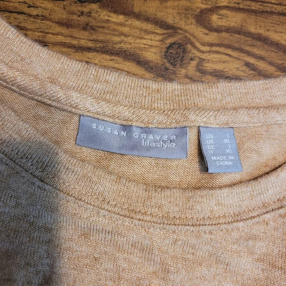 Susan Graver Tunic Top Size L Heathered Tan Soft Comfort Knit Button Back - Picture 3 of 8